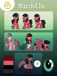 Size: 3728x4938 | Tagged: safe, artist:drawntildawn, imported from derpibooru, oc, oc only, oc:macdolia, bat pony, crystal pony, earth pony, pegasus, pony, clothes, discorded, dress, gala dress, pigtails, pocket watch, reference sheet