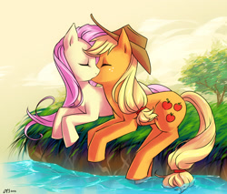 Size: 2000x1700 | Tagged: safe, artist:katiramoon, imported from derpibooru, applejack, fluttershy, earth pony, pegasus, pony, appleshy, duo, female, kiss on the lips, kissing, lesbian, mare, shipping