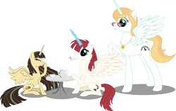 Size: 5500x3479 | Tagged: safe, artist:ambassad0r, imported from derpibooru, wild fire, oc, oc:bonniecorn, oc:fausticorn, alicorn, pony, .svg available, absurd resolution, alicorn oc, alicornified, bonnie zacherle, cup, female, lauren faust, mare, ponified, race swap, raised hoof, sibsy, sibsycorn, simple background, tea party, teacup, teapot, transparent background, vector, wildicorn