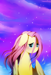 Size: 617x900 | Tagged: safe, artist:skyeypony, imported from derpibooru, part of a set, fluttershy, bust, crying, female, floppy ears, head turn, looking at you, sad, sky, solo, turned head, windswept mane