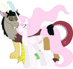 Size: 4736x4495 | Tagged: safe, artist:jennieoo, imported from derpibooru, discord, princess celestia, alicorn, draconequus, pony, absurd resolution, dislestia, duo, ethereal mane, eyes closed, female, male, mare, pink-mane celestia, shipping, show accurate, simple background, straight, teenager, transparent background, vector, young, younger