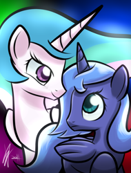 Size: 1366x1800 | Tagged: safe, artist:mister-markers, imported from derpibooru, princess celestia, princess luna, alicorn, pony, female, filly, filly celestia, filly luna, looking at each other, princess, royal sisters, siblings, sisters, woona, young, younger