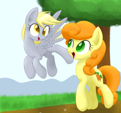 Size: 1500x1400 | Tagged: safe, artist:acersiii, imported from derpibooru, carrot top, derpy hooves, golden harvest, earth pony, pegasus, pony, female, looking at each other, mare, tree