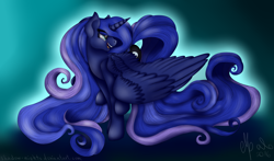 Size: 7500x4400 | Tagged: safe, artist:shadow-nights, imported from derpibooru, princess luna, absurd resolution, female, looking back, running, solo, spread wings