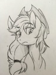 Size: 564x752 | Tagged: safe, artist:scarletskitty12, imported from derpibooru, applejack, female, grayscale, monochrome, simple background, solo, traditional art