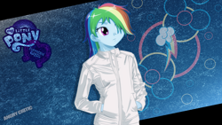 Size: 2560x1440 | Tagged: safe, artist:ngrycritic, imported from derpibooru, rainbow dash, equestria girls, clothes, female, hair over one eye, hoodie, solo, style emulation