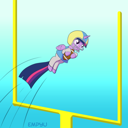 Size: 1000x1000 | Tagged: safe, artist:empyu, imported from derpibooru, twilight sparkle, alicorn, pony, american football, clothes, female, field goal, frown, goal, goalpost, helmet, mare, solo, tara strong, thousand yard stare, twilight sparkle (alicorn), voice actor joke, wide eyes