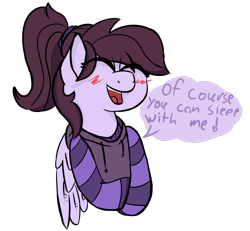 Size: 1300x1200 | Tagged: safe, artist:messenger, imported from derpibooru, oc, oc only, oc:pillow case, pegasus, blushing, clothes, cute, hoodie, simple background, solo, text, transparent background