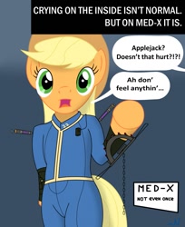 Size: 1047x1280 | Tagged: safe, artist:nuka-kitty, imported from derpibooru, part of a set, applejack, anthro, earth pony, pony, semi-anthro, bear trap, blood, clothes, crying inside, drug use, fallout, funny, hat, jumpsuit, med-x, not even once, ouch, pipbuck, speech bubble, text, vault suit