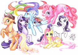 Size: 2308x1627 | Tagged: safe, artist:soranoryu, imported from derpibooru, applejack, fluttershy, pinkie pie, rainbow dash, rarity, twilight sparkle, mane six, traditional art