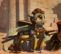 Size: 1024x901 | Tagged: safe, artist:lordgood, imported from derpibooru, oc, oc only, pegasus, pony, armor, column, feather, helmet, hoplite, lying, sad, shield, solo, spear, weapon