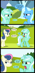 Size: 1320x2718 | Tagged: safe, artist:veggie55, imported from derpibooru, bon bon, lyra heartstrings, sweetie drops, trixie, earth pony, pony, unicorn, bon bon is not amused, comic, female, mare