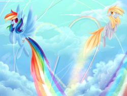 Size: 5333x4000 | Tagged: safe, artist:gnidagovnida, imported from derpibooru, derpy hooves, rainbow dash, pegasus, pony, absurd resolution, cheek fluff, chest fluff, cloud, duo, ear fluff, female, floppy ears, flying, grin, mare, rainbow trail, sky, smiling, speed trail