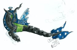 Size: 1404x929 | Tagged: safe, artist:flutterpaint, imported from derpibooru, queen chrysalis, mermaid, merpony, female, solo, traditional art