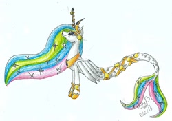 Size: 2140x1502 | Tagged: safe, artist:flutterpaint, imported from derpibooru, princess celestia, mermaid, merpony, female, princess sealestia, solo, traditional art