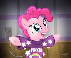 Size: 1600x1300 | Tagged: safe, artist:tina-de-love, imported from derpibooru, pinkie pie, earth pony, pony, braces, clothes, female, gravity falls, mabel pines, plug, rainbow, solo, stars, sweater, ungrounded socket, younger