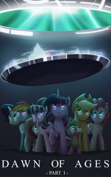 Size: 938x1500 | Tagged: safe, artist:ncmares, imported from derpibooru, applejack, fluttershy, pinkie pie, rainbow dash, rarity, spike, starlight glimmer, twilight sparkle, alicorn, pony, fanfic:convergence, dawn of ages, fanfic art, fanfic cover, female, mane seven, mane six, mare, twilight sparkle (alicorn)