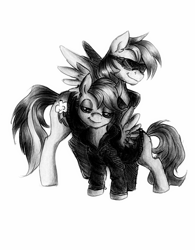 Size: 544x697 | Tagged: safe, artist:buttersprinkle, imported from derpibooru, rainbow dash, scootaloo, black and white, clothes, grayscale, jacket, looking at you, scootalove, sunglasses, traditional art