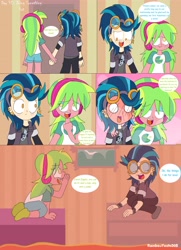 Size: 3868x5349 | Tagged: safe, artist:rainbowyoshi305, imported from derpibooru, indigo zap, lemon zest, equestria girls, friendship games, comic, female, lemonzap, lesbian, shipping, story in the source, the floor is lava