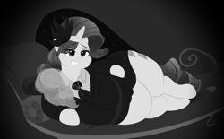 Size: 1280x795 | Tagged: safe, alternate version, artist:mellowhen, artist:sirmasterdufel, imported from derpibooru, rarity, pony, rarity investigates, belly, belly button, black and white, chubbity, chubby, clothes, draw me like one of your french girls, fat, female, grayscale, obese, raritubby, solo