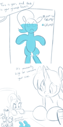 Size: 700x1400 | Tagged: safe, artist:goat train, imported from derpibooru, oc, oc only, oc:cumulonimbus, oc:snap feather, frown, grumpy, lilo and stitch, macro, monochrome, parody, restaurant, size difference, sketch