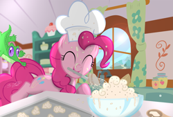Size: 2993x2018 | Tagged: safe, artist:shutterflyeqd, imported from derpibooru, gummy, pinkie pie, alligator, earth pony, pony, ^^, baking, bowl, eyes closed, female, food, mare, mixing bowl