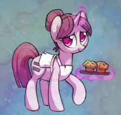 Size: 1625x1540 | Tagged: safe, artist:dawnfire, imported from derpibooru, sugar belle, pony, unicorn, apron, clothes, colored pupils, equalized, female, food, levitation, magic, mare, muffin, solo, telekinesis
