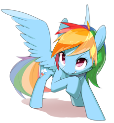Size: 1280x1388 | Tagged: safe, artist:30clock, imported from derpibooru, rainbow dash, pegasus, pony, backwards cutie mark, female, grin, mare, raised hoof, simple background, smiling, smirk, solo, spread wings, white background