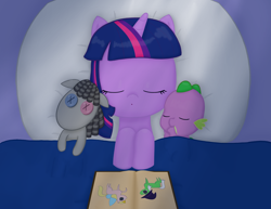 Size: 3300x2550 | Tagged: safe, artist:poppun, imported from derpibooru, smarty pants, spike, twilight sparkle, dragon, pony, unicorn, baby, baby dragon, baby spike, bed, blanket, book, cute, doll, eyes closed, female, filly, filly twilight sparkle, male, mama twilight, pillow, sleeping, spikabetes, spikelove, story book, toy, twiabetes