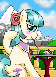 Size: 2552x3496 | Tagged: safe, artist:heartshielder1991, imported from derpibooru, coco pommel, earth pony, pony, alcohol, blushing, cake, female, food, looking at you, solo, wine, wine glass