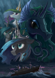 Size: 1240x1754 | Tagged: safe, artist:plainoasis, imported from derpibooru, princess celestia, queen chrysalis, oc, oc:alternia, oc:tethys, alicorn, changeling, changeling queen, kelpie, pony, battleship, boat, crown, fanfic art, fanfic cover, female, fins, horn, jewelry, lighting, lightning, looking at you, ocean, pink eyes, rain, regalia, storm, teal eyes, tentacles, tiara, turret, wave