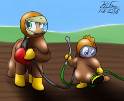 Size: 1280x1046 | Tagged: safe, artist:the-furry-railfan, imported from derpibooru, applejack, spike, dragon, earth pony, pony, air tank, environmental suit, galoshes, hose, inflation, outdoors, pesticide, story included, sweet apple acres, tangled up