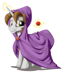 Size: 1015x1166 | Tagged: safe, artist:mysticalpha, imported from derpibooru, oc, oc only, oc:thrum beat, pony, unicorn, d20, dungeon master, dungeons and dragons, hooded, magic, mantle, natural 20, simple background, transparent background