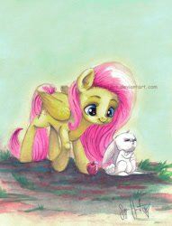 Size: 800x1047 | Tagged: safe, artist:sugarheartart, imported from derpibooru, angel bunny, fluttershy, apple, food, frown, traditional art, watercolor painting, watermark