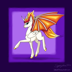 Size: 1200x1200 | Tagged: safe, artist:littlewolfstudios, imported from derpibooru, oc, oc only, oc:amberlight, alicorn, pony, art trade, bat wings, duel wings, female, mane of fire, mare, pegasus wings, solo
