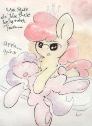 Size: 688x939 | Tagged: dead source, safe, artist:slightlyshade, imported from derpibooru, apple bloom, diamond tiara, earth pony, pony, bellyrubs, diamondbloom, shipping, traditional art