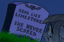 Size: 709x473 | Tagged: safe, artist:pencils, imported from derpibooru, limestone pie, earth pony, pony, beavis and butthead, epitaph, female, gravestone, he never scored, hilarious in hindsight, implied virginity, mare, solo