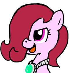 Size: 405x427 | Tagged: safe, artist:ficficponyfic, edit, edited edit, imported from derpibooru, oc, oc only, oc:emerald jewel, earth pony, pony, colt quest, alternate color palette, amulet, bad pony, boy, color, colored, colt, evil, evil grin, femboy, male, pure unfiltered evil, red coat, red mane, silver, sneer, trap