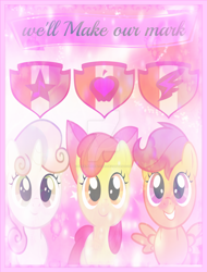 Size: 1024x1350 | Tagged: safe, artist:xrealapplebloomx, imported from derpibooru, apple bloom, scootaloo, sweetie belle, cutie mark, cutie mark crusaders, poster, the cmc's cutie marks, watermark