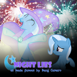 Size: 1080x1080 | Tagged: safe, artist:blackgryph0n, artist:joeycrick, artist:shelmo69, artist:sofunnyguy, imported from derpibooru, trixie, pony, unicorn, album cover, bang camaro, female, mare, music, night lies, rhythm game, rock band