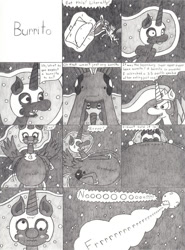 Size: 770x1038 | Tagged: safe, artist:eternaljonathan, imported from derpibooru, nightmare moon, princess celestia, alicorn, pony, black and white, burrito, butt, comedy, comic, fart, fart noise, female, food, gas, grayscale, humor, inflation, mare, onomatopoeia, plot, sound effects, traditional art