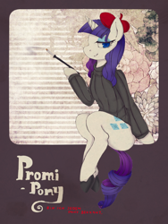 Size: 600x800 | Tagged: safe, artist:divided-s, imported from derpibooru, rarity, pony, unicorn, cigarette, cigarette holder, clothes, female, german, hat, looking at you, mare, smoking, solo, sweater