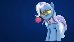 Size: 3840x2160 | Tagged: safe, artist:unconid, imported from derpibooru, trixie, pony, unicorn, 3d, apple, female, food, glasses, licking, licking lips, mare, solo, tongue out