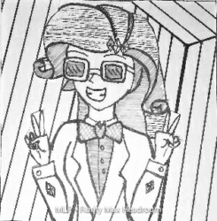 Size: 314x320 | Tagged: safe, artist:php71, deleted from derpibooru, imported from derpibooru, rarity, equestria girls, animated, crossover, female, gift art, grin, max headroom, monochrome, parody, peace sign, smiling, solo, sunglasses, traditional art