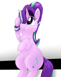 Size: 2550x3200 | Tagged: safe, artist:dragonpone, derpibooru exclusive, imported from derpibooru, starlight glimmer, season 6, spoiler:s06, blushing, chest fluff, cute, female, glimmerbetes, new hairstyle, sitting, solo