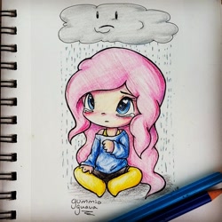 Size: 1070x1070 | Tagged: safe, artist:gummigator, imported from derpibooru, pinkie pie, human, cloud, female, heart eyes, humanized, rain, solo, traditional art, wingding eyes
