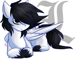 Size: 1669x1297 | Tagged: safe, artist:goosebumps-fan57, imported from derpibooru, pegasus, pony, death note, frown, glare, hair over one eye, l lawliet, ponified, prone, solo, unshorn fetlocks