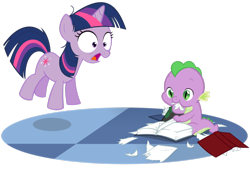 Size: 1024x719 | Tagged: safe, artist:queencold, imported from derpibooru, spike, twilight sparkle, dragon, pony, unicorn, baby, baby dragon, baby spike, bibliovore, book, duo, eating, filly, filly twilight sparkle, jumping, paper, pica, shocked, simple background, the horror, transparent background, unicorn twilight, vector