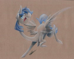 Size: 1017x815 | Tagged: source needed, safe, artist:getchanoodlewet, imported from derpibooru, oc, oc only, oc:sapphire sights, pegasus, pony, abstract, flying, piercing, solo, traditional art