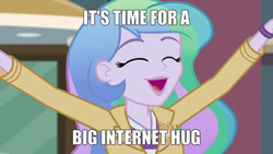 Size: 400x225 | Tagged: safe, artist:priyan26, edit, edited screencap, imported from derpibooru, screencap, princess celestia, equestria girls, beautiful, bronybait, cute, cutelestia, female, happy, hug, hugs needed, image macro, internet hug, meme, open mouth, principal celestia, solo, sweet dreams fuel